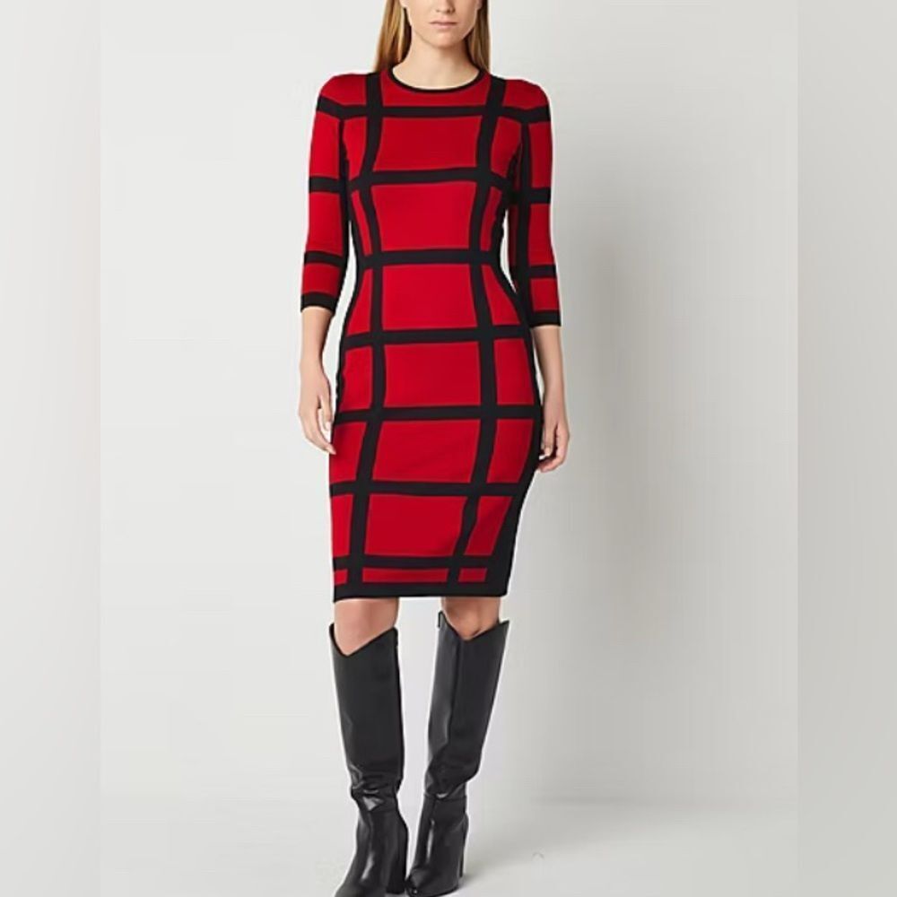 NWT $79 SZ M Danny & Nicole Womens 3/4 Sleeve Windowpane Sweater Dress